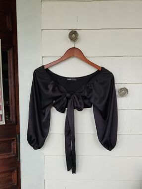 Women's Black Satin Long-Sleeve Front Tie Going Out Crop Top Medium By Shein